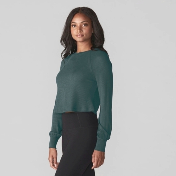 Tavi Renew Waffle Knit Crop Long Balloon Sleeve Forest Green Large - Picture 11 of 11
